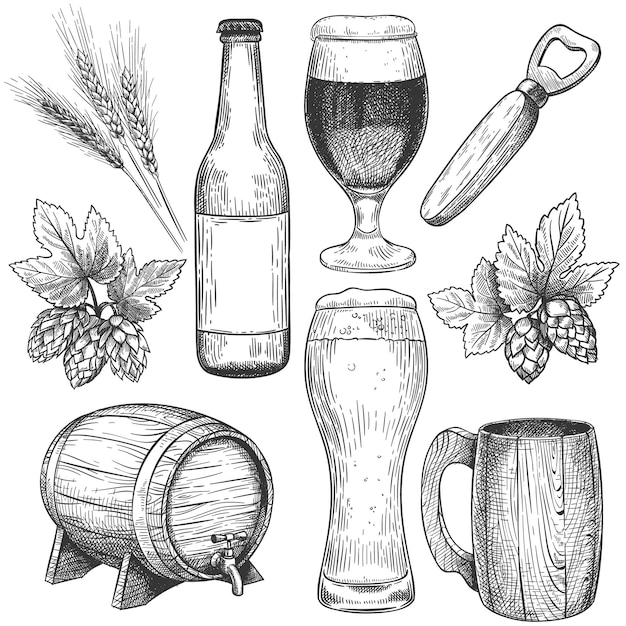 Mão desenhada cerveja. esboce copos de cerveja, canecas e barril, garrafa. lúpulo, malte e cevada, objetos para bebidas de menu de pub gravura conjunto de vetores. elementos isolados do projeto do café. bebida de cerveja artesanal