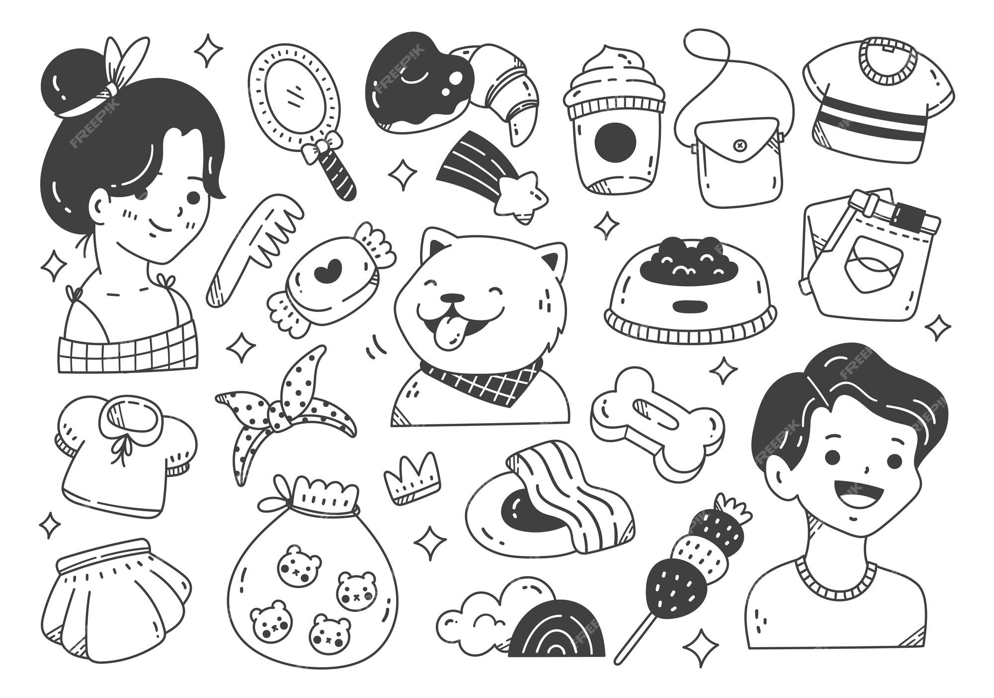 Mão desenhada coleção de doodle kawaii pessoas, comida, animais, moda, etc.