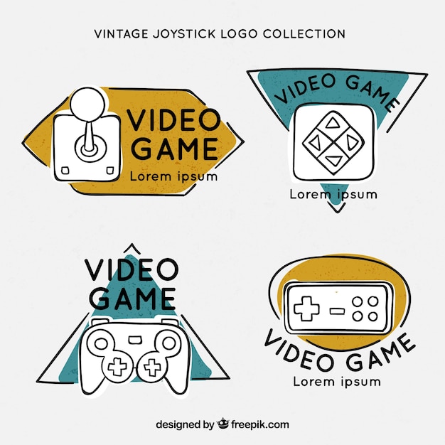 Mão desenhada coleção de logotipo de joystick com estilo vintage