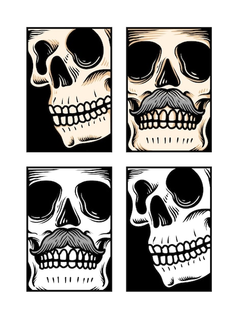 Mão desenhada crânio cabeça gravura crânio design conjunto de crânio coleção cabeça de crânio preto e branco doente