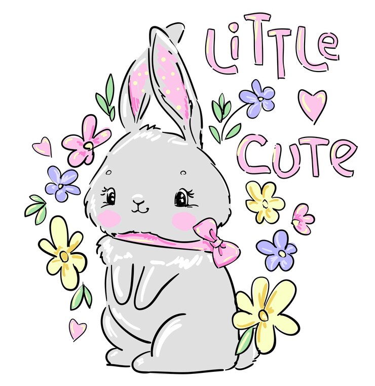 Vetor mão desenhada cute bunny e ilustração vetorial de flores design de impressão divertido coelho crianças imprimem na camiseta