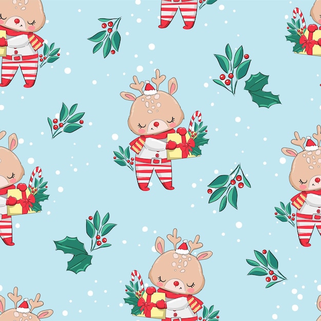 Mão desenhada Cute Little Deer embalagem de presente de Natal bonito, vetor, padrão sem emenda.