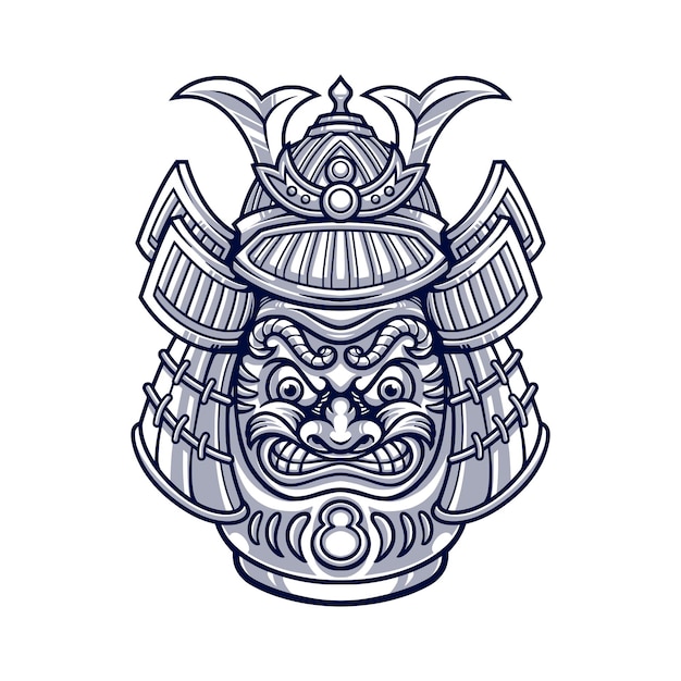 Mão desenhada de daruma japanese com ilustração de capacete samurai