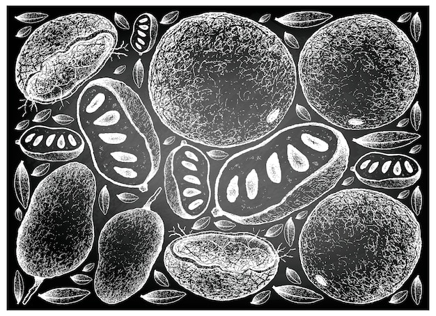 Mão desenhada de madeira apple e paw-paw na lousa