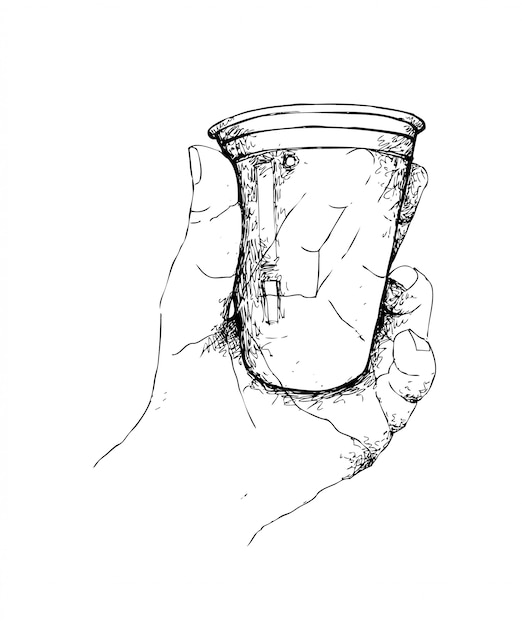 Mão desenhada de mão segurando o copo de café descartável