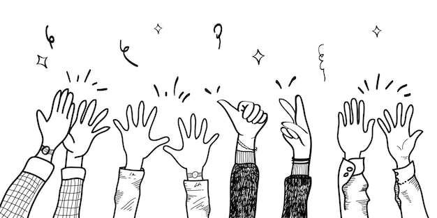 Mão desenhada de mãos para cima aplaudindo ovação aplausos polegares para cima gesto na ilustração vetorial de estilo doodle