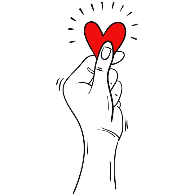 Vetor mão desenhada de mãos segurando um coração conceito de caridade e doação dê e compartilhe seu amor com as pessoas gesto com as mãos na ilustração em vetor estilo doodle