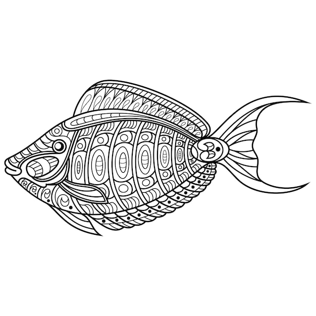 Mão desenhada de peixe unicórnio orangespine no estilo zentangle