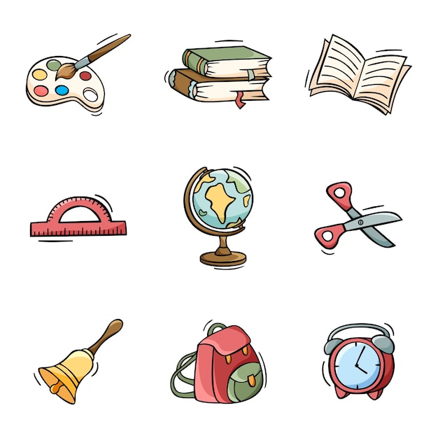 Mão desenhada de volta ao ícone da escola definido em estilo doodle