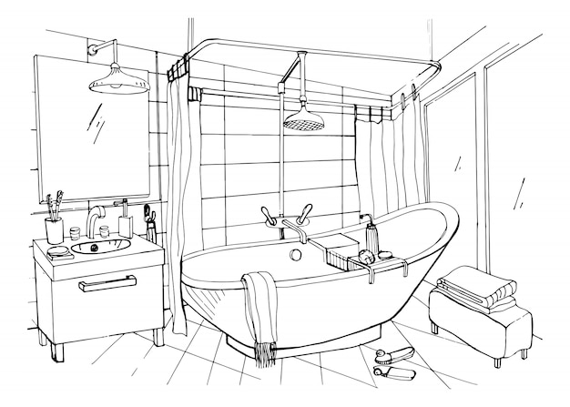 Vetor mão desenhada design de interiores de casa de banho moderna. desenho ilustração.