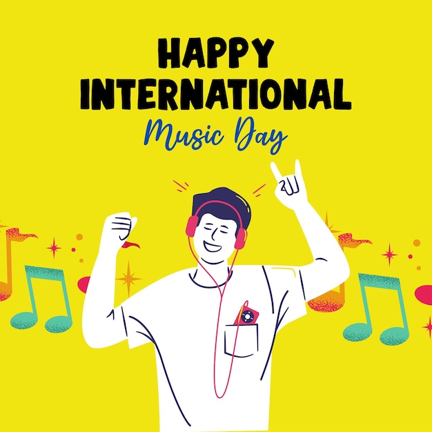 Mão desenhada dia mundial da música banner colorido casal ouvindo música