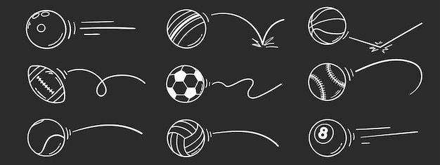 Vetor mão desenhada doodle esportes bola rebote conjunto ilustração vetorial