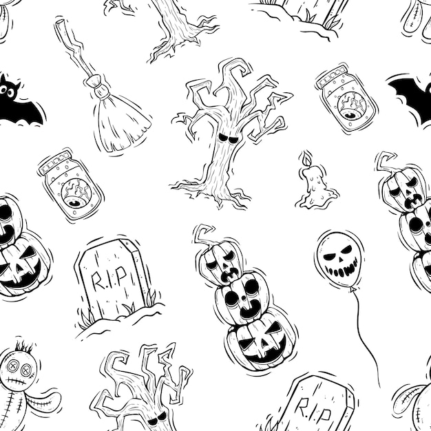 Mão desenhada estilo de ícones de halloween no padrão sem emenda