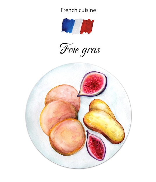 Mão desenhada foie gras no prato com baguete e figos. aquarela de ilustração. cozinha francesa