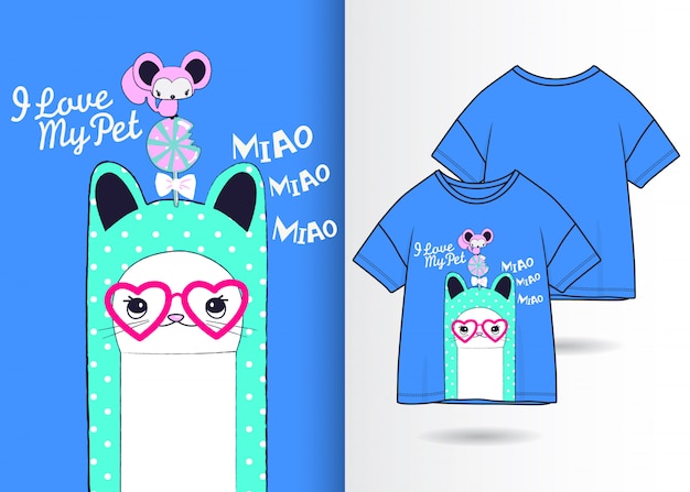 Mão desenhada gatinho fofo ilustração com design de camisa de t