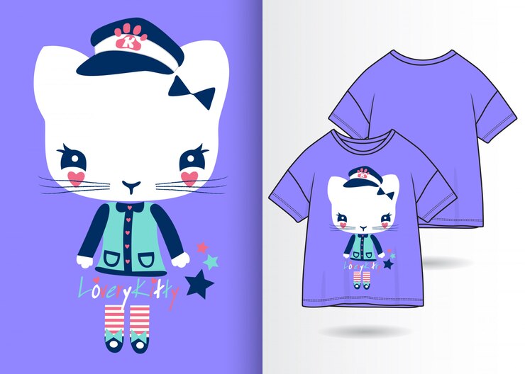 Mão desenhada gatinho fofo ilustração com design de camisa de t