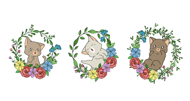 Mão desenhada gato kawaii com coroa de flores em estilo cartoon