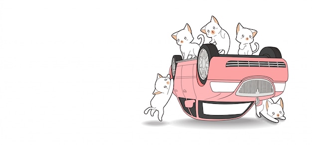 Mão desenhada gatos kawaii e carro rosa está quebrado