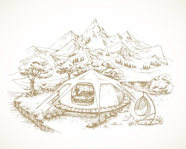 Mão desenhada glamping paisagem ilustração vetorial aconchegante tenda de férias ao ar livre com elegante poltrona montanhas e árvores esboçar fundo natureza recreação bangalô doodle isolado