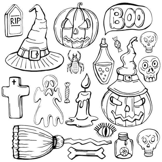 Conjunto doodle desenho mão desenhada halloween preto e branco