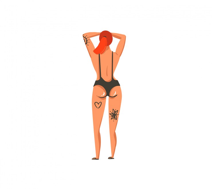 Vetor mão desenhada ilustração abstrata das horas de verão dos desenhos animados com personagens de menina tatuada, olhando o pôr do sol no fundo branco