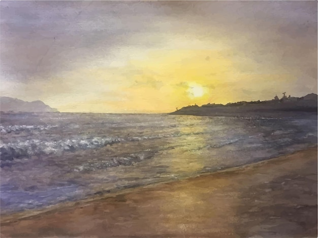 Mão desenhada ilustração aquarela noite cena na praia do mar