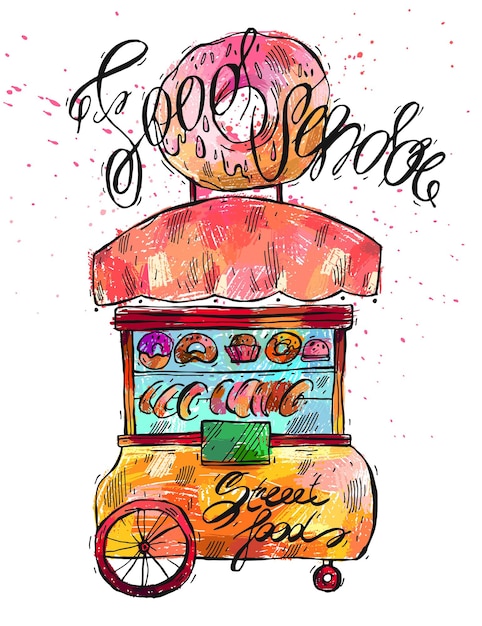 Mão desenhada ilustração colorida de vendedor de comida de rua