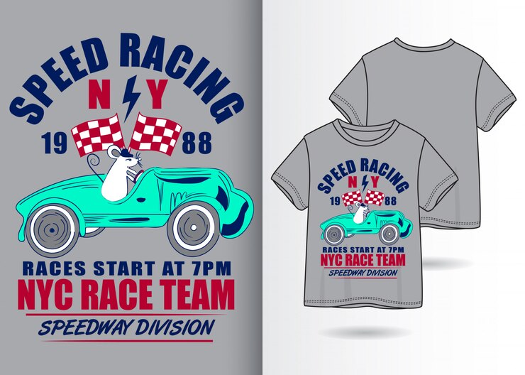 Mão desenhada ilustração de carro bonito de corrida com design de camisa de t