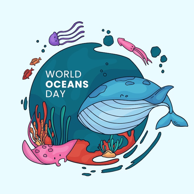 Vetor mão desenhada ilustração de dia mundial dos oceanos