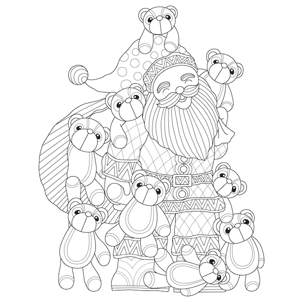 Mão desenhada ilustração de papai noel e boneca de urso de pelúcia