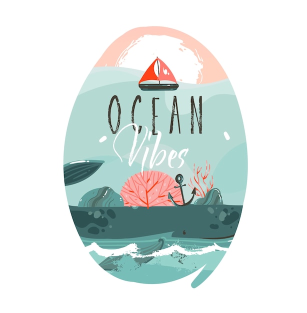 Mão desenhada ilustração dos desenhos animados com a paisagem da praia do oceano, grande baleia, cena do pôr do sol e texto ocean vibes