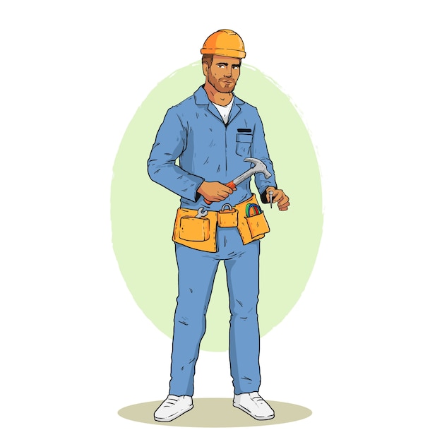 Mão desenhada ilustração dos desenhos animados do trabalhador da construção civil