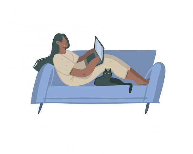 Vetor mão desenhada ilustração dos desenhos animados gráficos com caráter de mulher negra, freelancer trabalhando em casa com o computador portátil e sentado no sofá isolado