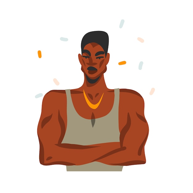 Vetor mão desenhada ilustração gráfica abstrata com jovem feliz afro-americano beleza homem, em roupa de moda isolado no fundo branco.