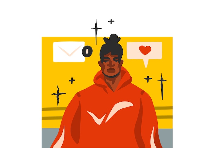 Vetor mão desenhada ilustração gráfica abstrata com jovem feliz afro-americano portrat, em roupa de moda e mídia social comunicação specch bolha chat isolado no fundo branco.