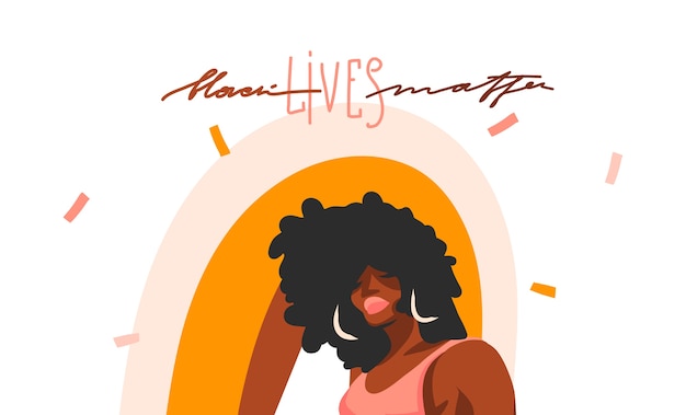 Mão desenhada ilustração gráfica abstrata com jovem negra afro americana, beleza feminina e preto vidas matéria letras manuscritas isoladas no fundo de forma de colagem de cor.