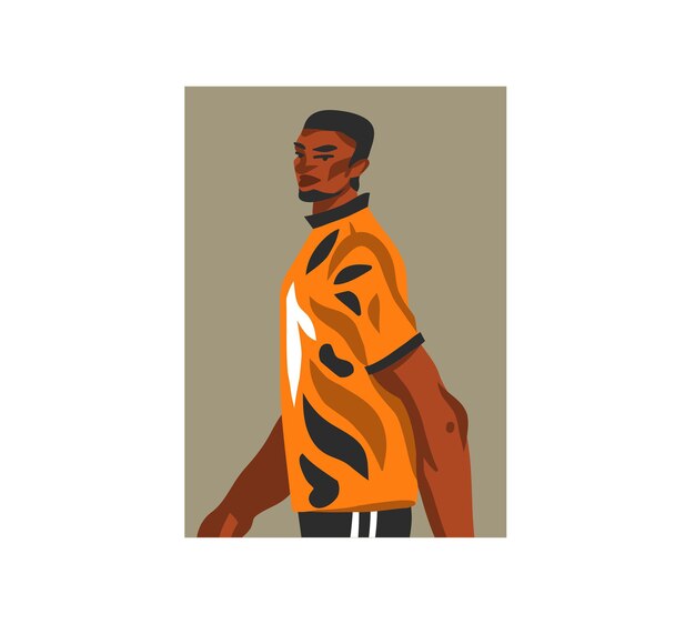 Vetor mão desenhada ilustração gráfica plana abstrata com jovem feliz, em traje de verão, avatar afro-americano de personagem masculino moderno bonito para mídias sociais, isolado no fundo branco.