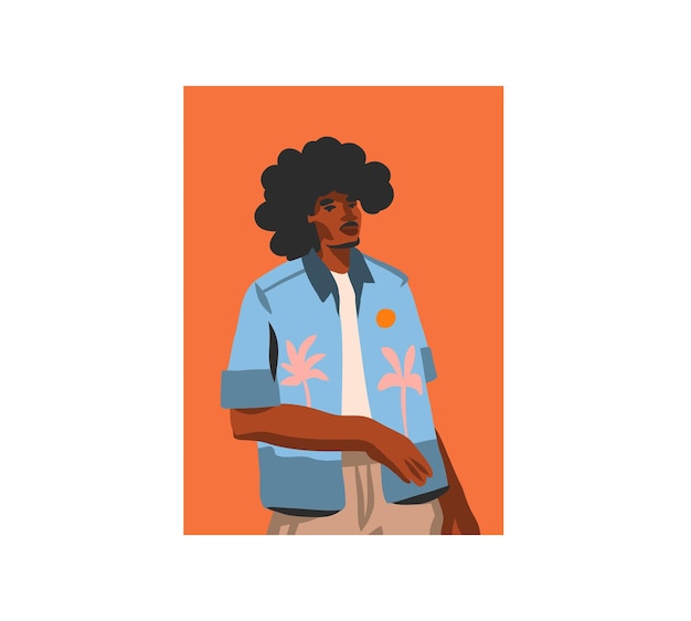 Mão desenhada ilustração gráfica plana abstrata com jovem feliz, em traje de verão, avatar afro-americano de personagem masculino moderno bonito para mídias sociais, isolado no fundo branco.