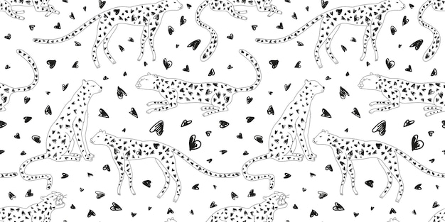 Mão desenhada leopardo fofo e padrão sem costura de corações Doodle cheetah papel de parede sem fim