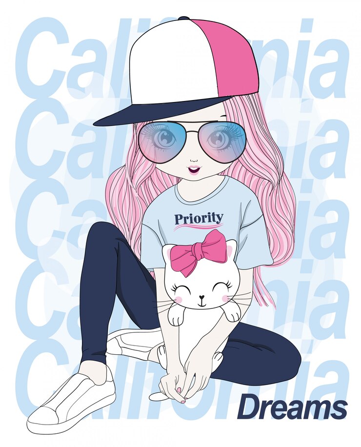 Vetor mão desenhada linda garota com gatinho