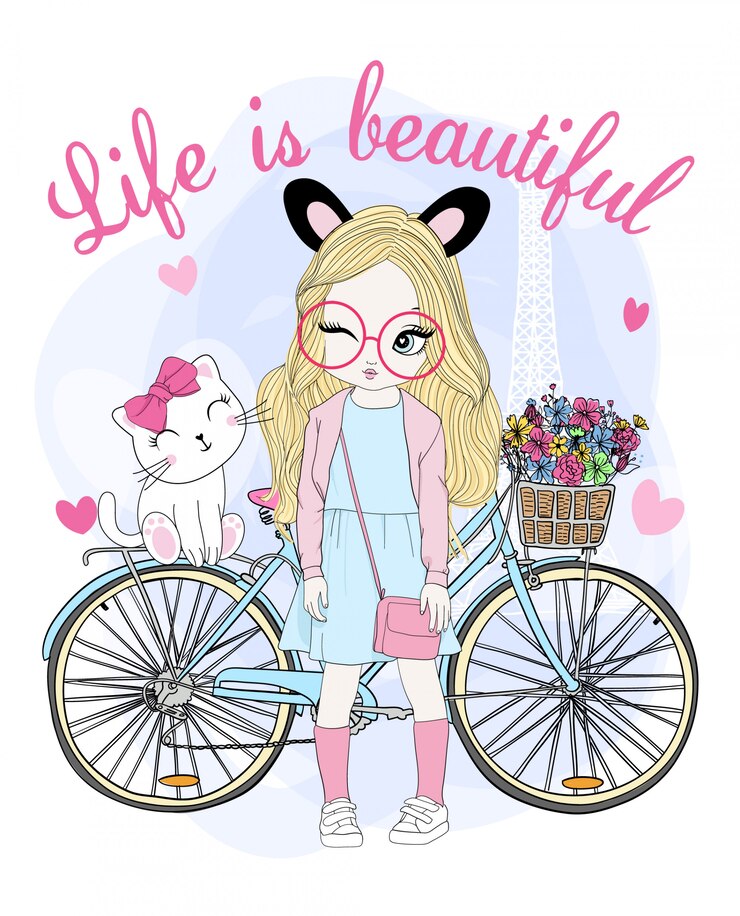 Vetor mão desenhada linda garota com gato