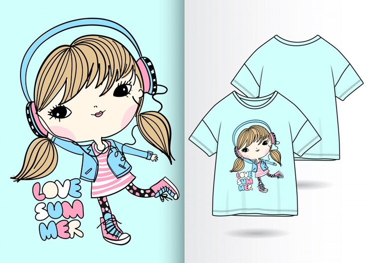 Mão desenhada linda garota ilustração com design de camisa de t