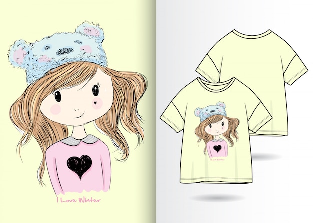 Vetor mão desenhada linda garota ilustração com design de camisa de t