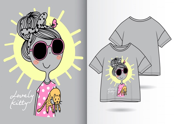 Mão desenhada linda garota ilustração com design de camisa de t