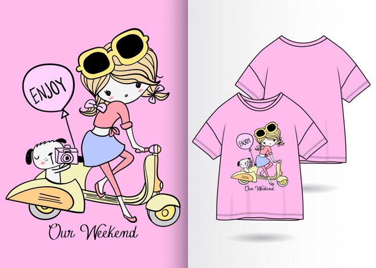 Mão desenhada linda garota ilustração com design de camisa de t