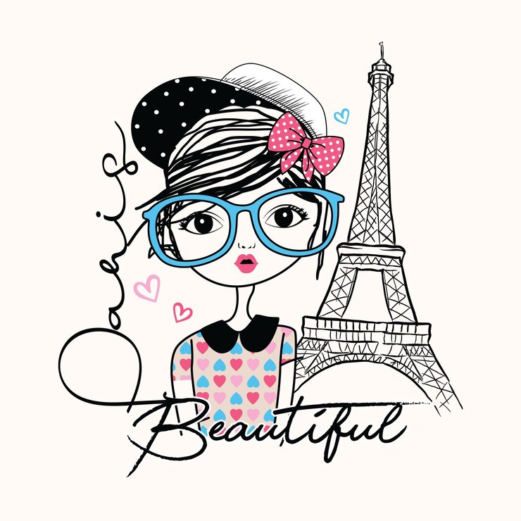 Mão desenhada linda garota na ilustração vetorial de paris