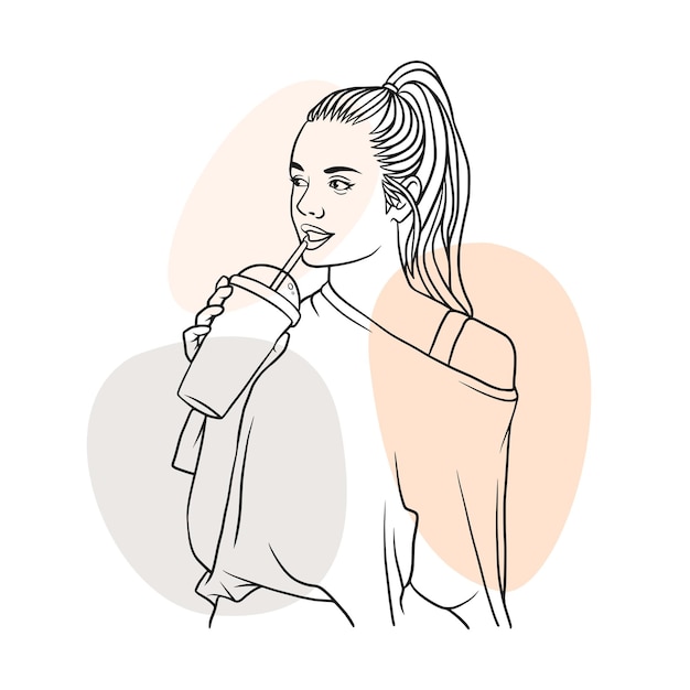 Mão desenhada linda mulher bebendo café em estilo de linha de arte a