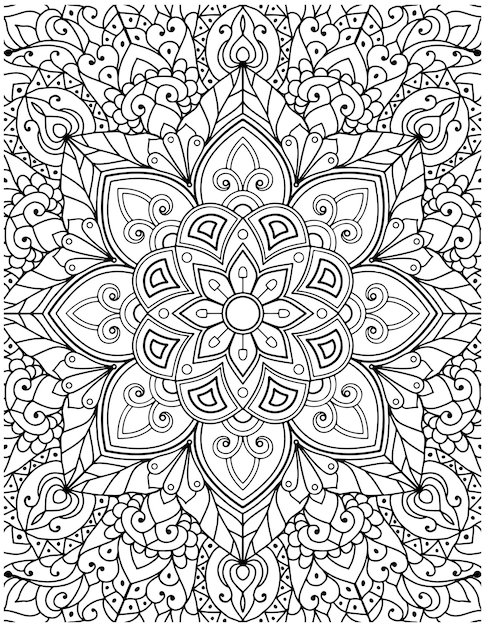 Mão desenhada mandala coloring pages para livro de colorir adulto. página para colorir mandala desenhada à mão floral.