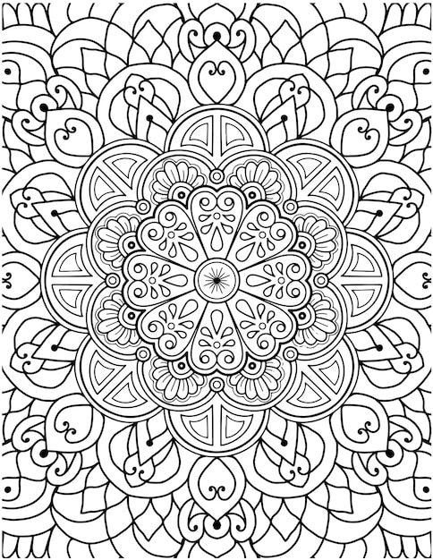 Mão Desenhada Mandala Coloring Pages Para Livro De Colorir Adulto. Página para colorir mandala desenhada à mão floral.
