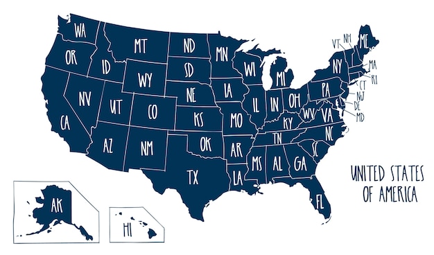 Vetor mão desenhada mapa do vetor dos estados unidos da américa.